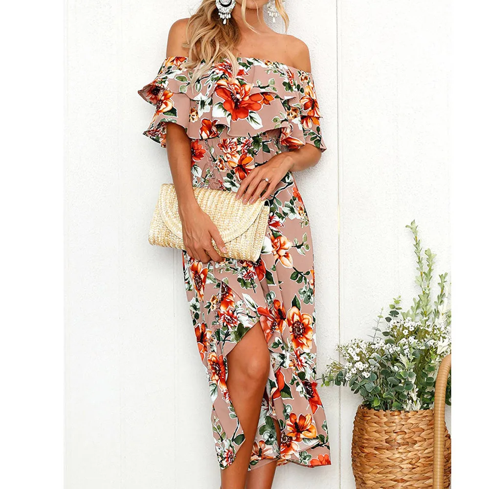 

Feitong Womens sexy Off Shouder Dress Boho Style Elegant Long Maxi Dress Loose Summer Beach Split Holiday Sundress Ruffle Dress