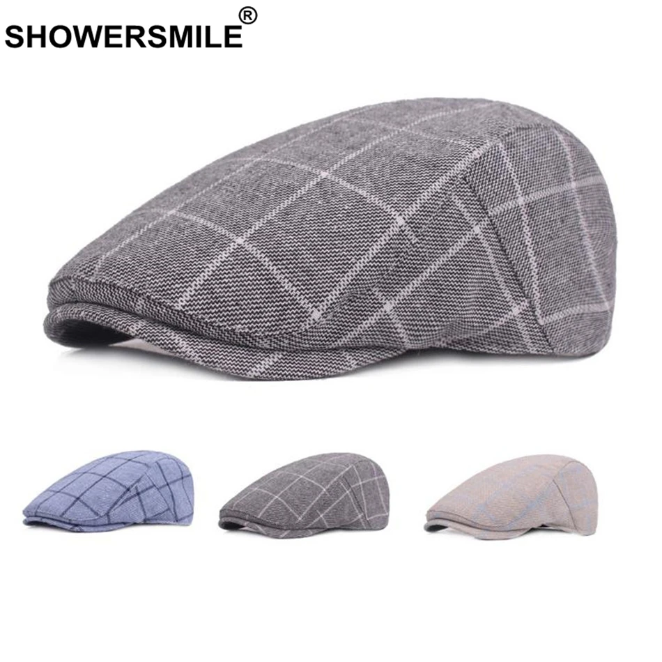 SHOWERSMILE Men's Blue Berets Plaid Adjustable Cotton Flat Cap Male Summer Autumn Classic England Breathable Duckbill Hat New mens berets for sale