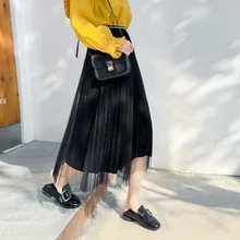 Многослойная сетчатая Весенняя летняя длинная юбка женская одежда с вытачками, с высокой посадкой золото шелк элегантная плиссированная макси юбка тюль