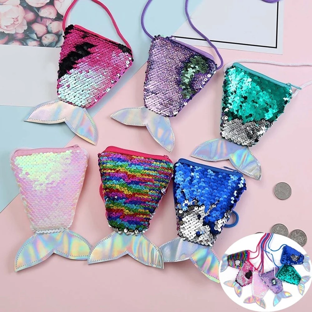 محفظة صغيرة طفل فتاة الملونة تغيير الترتر حورية البحر الذيل حقيبة التخزين Ziplock محفظة المحافظ الحقيبة جيب جلدية جميل مصمم الترتر