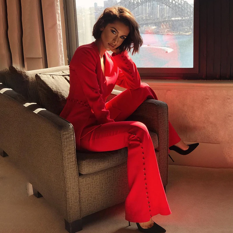 2018 V Blazer Picec Formelle À Pantalons 2 Ensembles Longues Manches Costumes Lady Flare Ol cou Beateen Large Rouge Jambe Pantalon pdRwqp5