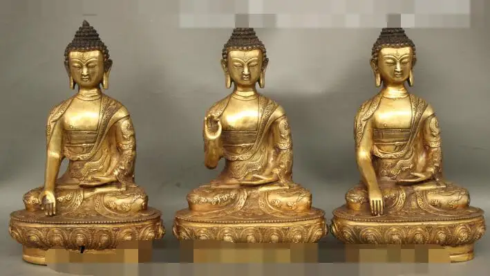 

S5035 12 Tibet Bronze Gilt Temple 3 Dragon Sakyamuni Bowl Shakyamuni Buddha Statue Set