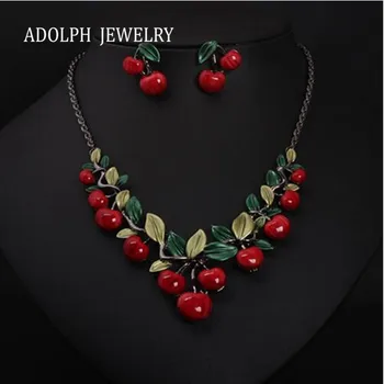 

ADOLPH Jewelry 2015 New Design Gem Fresh Cherries Choker Statement Necklace For Women Popular Maxi Necklace With Earrings