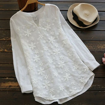 Oversized Floral Embroidered Shirt Blouse Women V-Neck Long Shirts White Lace Sweet Long Sleeve Blouse Shirt Femme attractive floral printed v neck long sleeve blouse for women