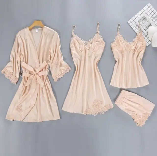 ZOOLIM Satin Sleepwear Female with Chest Pads Sexy Women Pajamas Sets Lace Pijama Slik Sleep Lounge 4 Pieces Ladies Pyjama