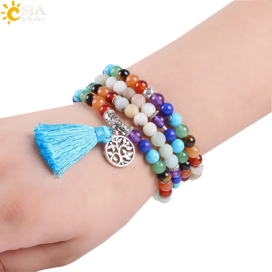 CSJA 7 Chakra Natural Amazon Stone Bracelets 6mm Tibetan 108 Prayer