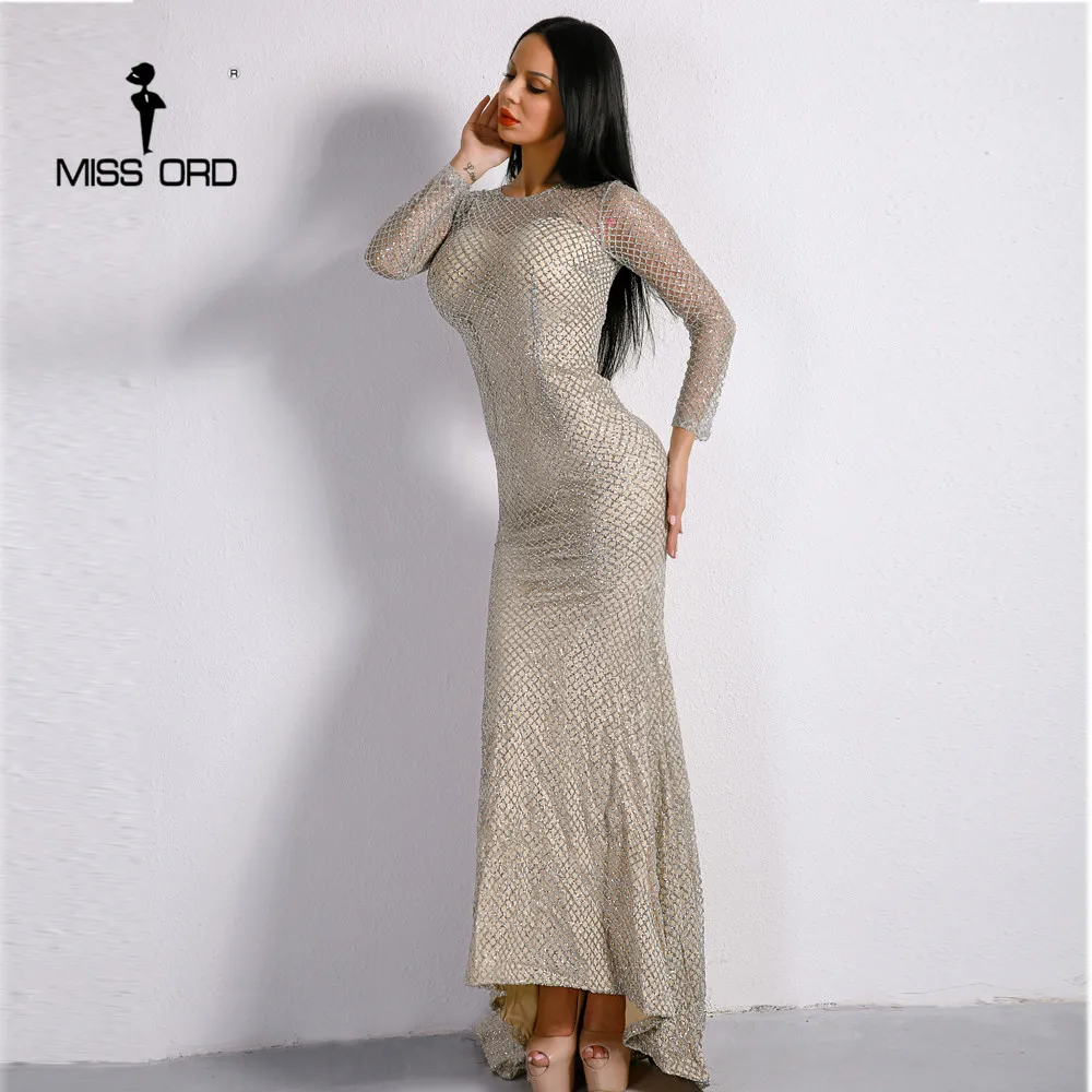 Missord сексуальное Сетчатое блестящее Женское Платье макси с круглым вырезом и длинным рукавом FT8561