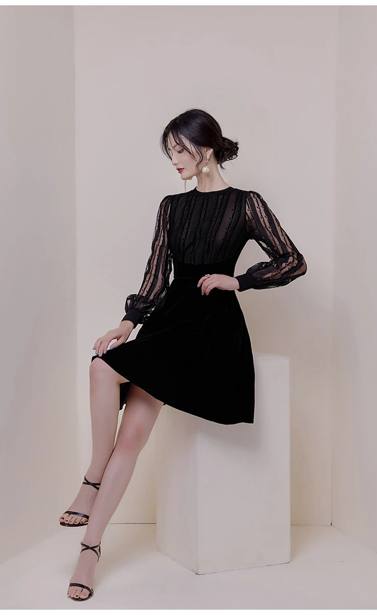 Черное сексуальное элегантное платье осень o-образным вырезом длинный рукав сетка Флокирование Вельветовая с завышенной талией Темперамент Вечерние женские платья