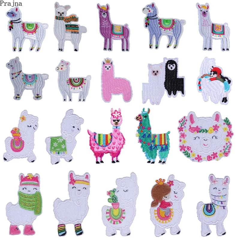 

Prajna DIY Iron On Patches Cartoon Cute Alpaca Sheep Embroidered Patches Tshirt Fabric Patch Applique Stickers On Clothes Stripe