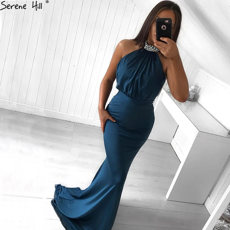 

Blue Crystal Halter Mermaid Sexy Evening Dresses 2019 Sleeveless Fashion Elegant Evening Party Gowns BLA6612