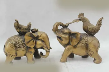 

DS 7"Chinese Folk Pure Bronze Lucky excellent beautiful rooster Sit elephant Statue