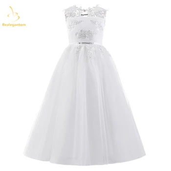 

2019 New A-Line Flower Girl Dresses With Bow Appliques Sequined Princess Kids Pageant Gown Vestidos De Comunion Gown QA1217
