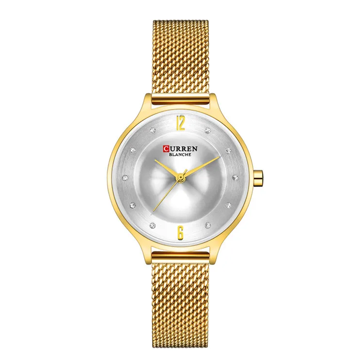 Модные тонкие женские часы, стразы, циферблат CURREN, красивые Аналоговые кварцевые наручные часы для женщин, серебряные женские часы - Цвет: gold white