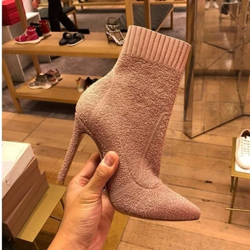 

2018 autumn and winter new terry flower line knitted elastic socks boots pointed high-heeled temperament boots