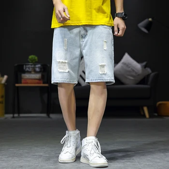 

Plus Size M-5XL Ripped Denim Jeans Harajuku Trousers Men Short Knee Length Casual Shorts 2019 Summer Fashion Streetwear Shorts
