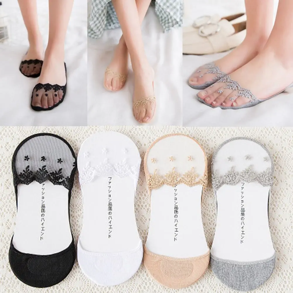 

1 Pair Fashion Women Summer Invisible Ankle Hosiery Socks 3D Hollow Flower Crystal Glass Lace Cotton Boat Socks No Show Socks