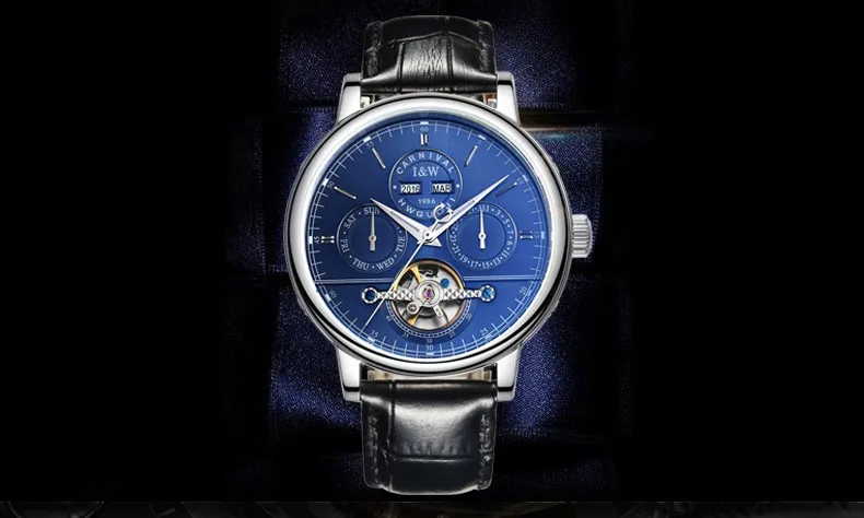 Роскошные водостойкие часы для мужчин сапфировое стекло кожаный ремешок Дата неделю автоматические механические часы синий циферблат