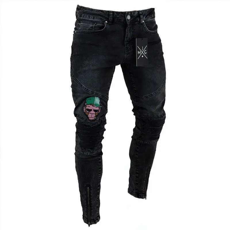 Мужские рваные обтягивающие байкерские джинсы с потертостями и вышивкой, облегающие джинсовые штаны, джинсовые брюки
