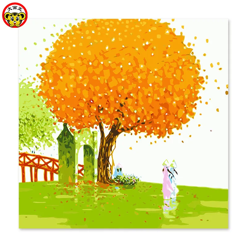 

painting by numbers art paint by number Fallen leaves Yellow big tree simple life Walking boat Draw on canvas Digital Painting