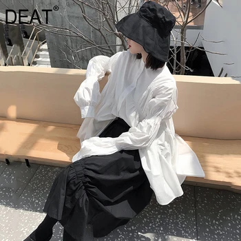 

[DEAT] 2020 New Summer Stand Collar Long Lantern Sleeve Fold Elastic Split Joint Big Size Shirt blouse Women Fashion Tide