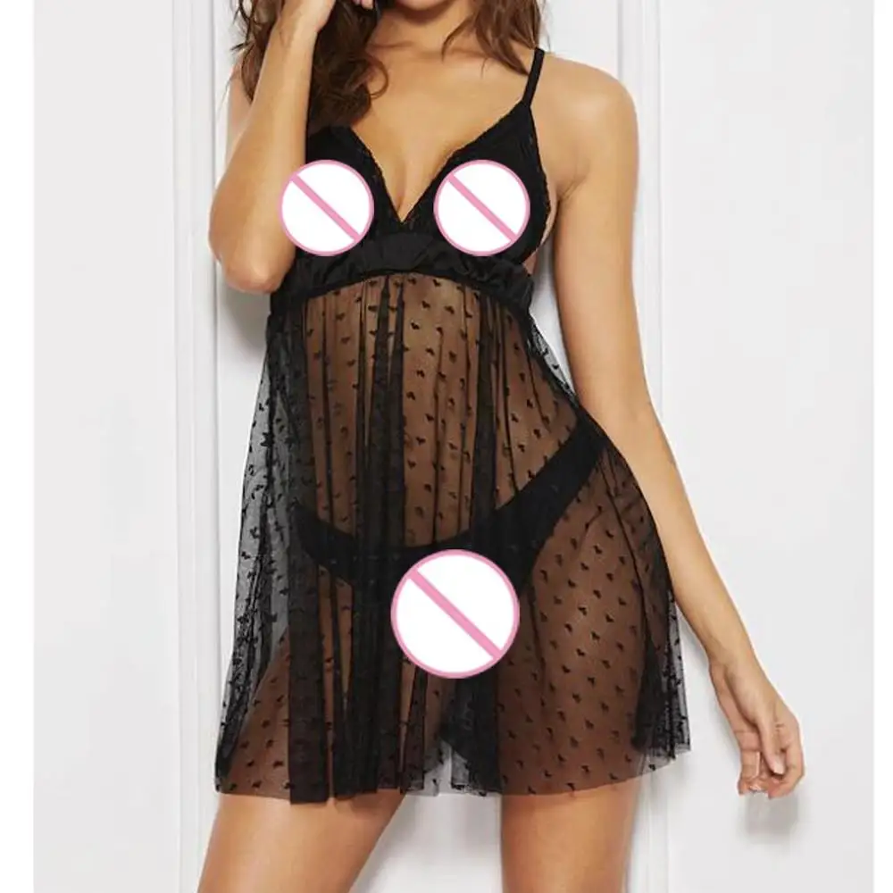 

Summer women's night dress Sexy Lingerie Black Seamless Halter Lace Solid Stain Mesh Splice Backless Nightdress V-neck sleepwear