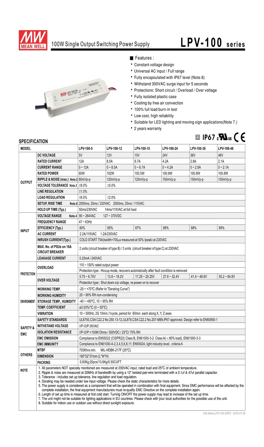 Mean well LPV-100-12 AC/DC Светодиодный драйвер с одним выходом 100 Вт 12 В 8.5A источник питания