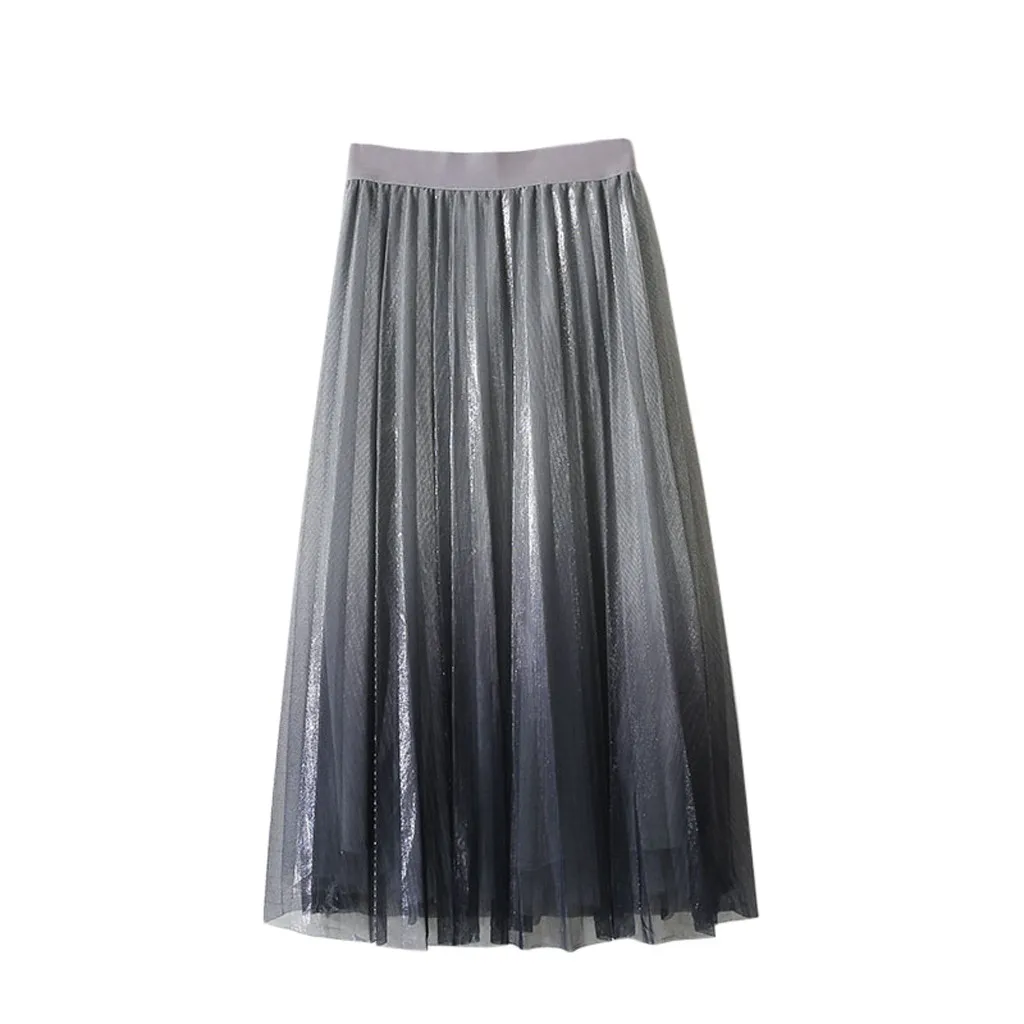 Women's long tulle reflective mesh skirt in the long paragraph A word bright silk pleated skirt Princess sweet skirt юбка 40