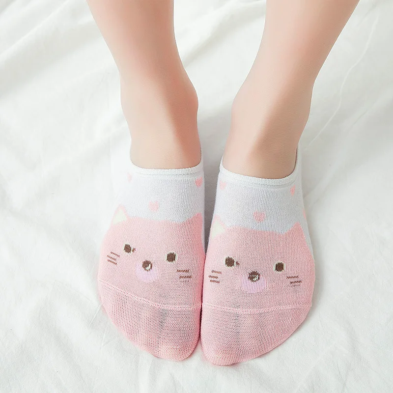 

Women Cartoon Sweet Invisible Boat Socks Slip-proof Cotton Summer Thin Cat Rabbit Owl harajuku JP Gril Low Cut Light-pink Short