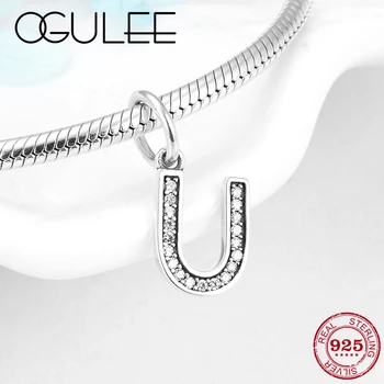 

2019 New 925 Sterling Silver Lucky Letter U Charm Clear CZ pendant Beads for Jewelry making fit Original Pandora Bracelet
