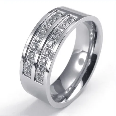 

8mm Polished Stainless Steel CZ Engagement Wedding Band Mens Ring Silver US Size 7 to 13 Drop Shipping