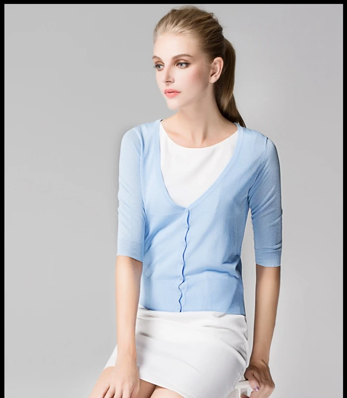 Macaron flash wire cotton thin female three quarter sleeve short design all-match knitted sunscreen air conditioning cardigan