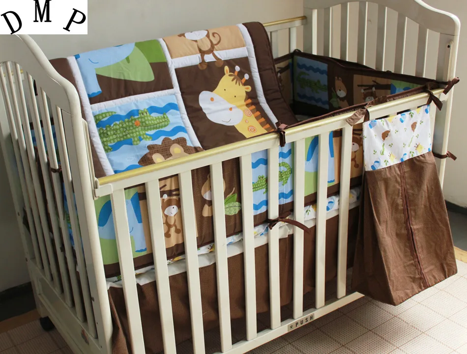 

Promotion! 5pcs Embroidery baby bedding piece set cot bedding kit ,include (bumpers+duvet+bed cover+bed skirt+diaper bag)