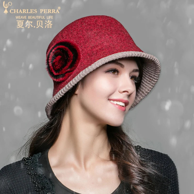 

Charles Perra Women Winter Hat Warm Wool Cap New Fashion Elegant Flower England Lady Bucket Hats Casual Female Fedoras 2820