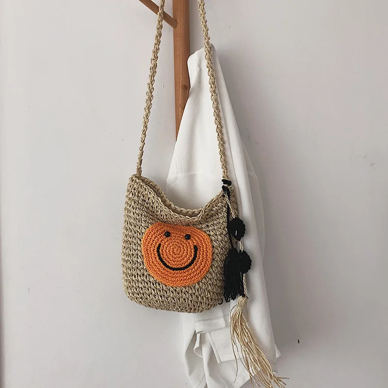 New Summer Smiley Travel Beach Bag Big Capacity Simple Shoulder Bag Tassel Drawstring Casual Crossbody Bag Boho Retro Bucket Bag