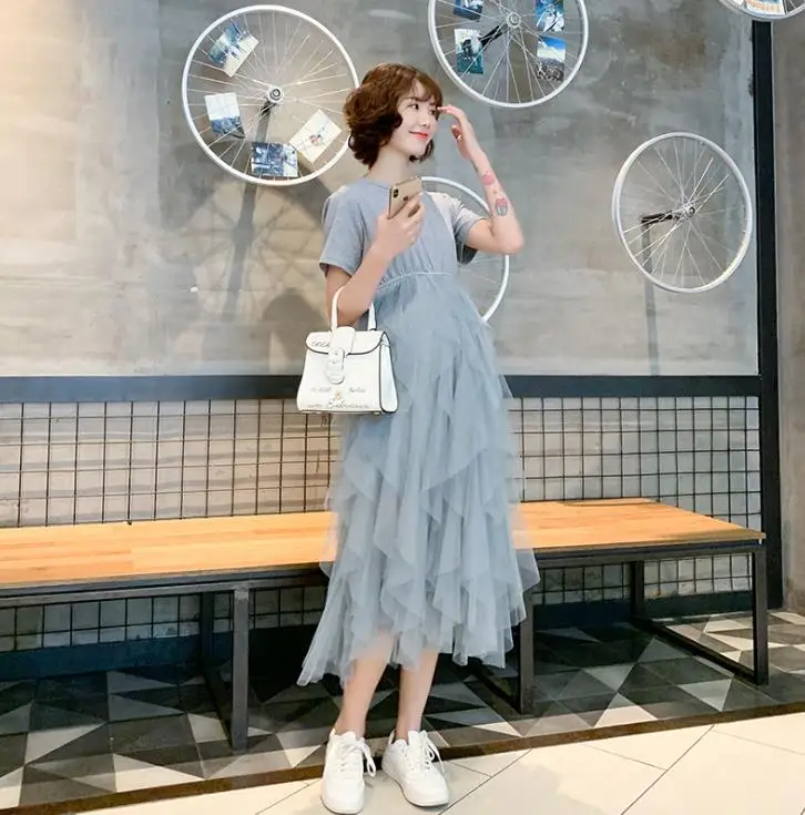 

Fashion Mesh Pregnant Woman Dress Plus Big Size Voile Summer Dress Mother Maternity Clothes Long Loose Princess Dress Solid