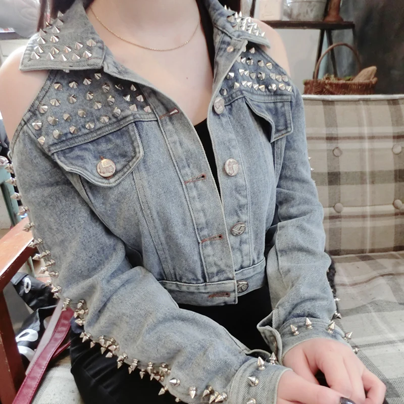 

2018 Promotion Sale Cotton Hollow Out Rivet Coats High-end Punk Sexy Strapless Cowboy Jacket Rock Metal Heavy Rivets Female