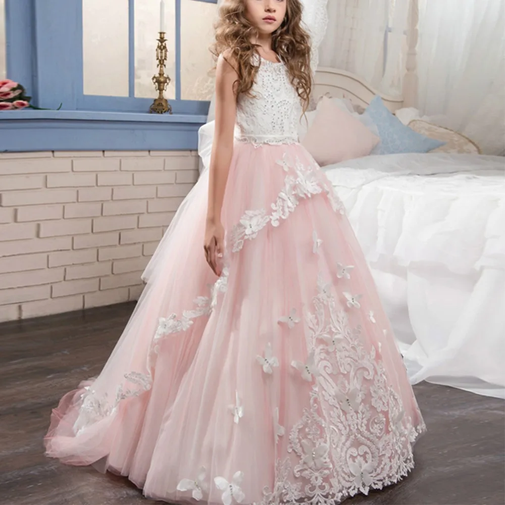 

2019 New Fashion Flower Girl Princess Dress Puffy Tulle Trailing Gown for Kids Wedding Bridesmaid Baby Kid Dress for Girls 2-13Y