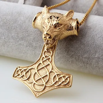 

Top Quality Gold Color Neck Jewelry Viking Pirate Thor's Hammer Wolf Head Pendant For Biker Men's Best Gift Wholesale Jewelry