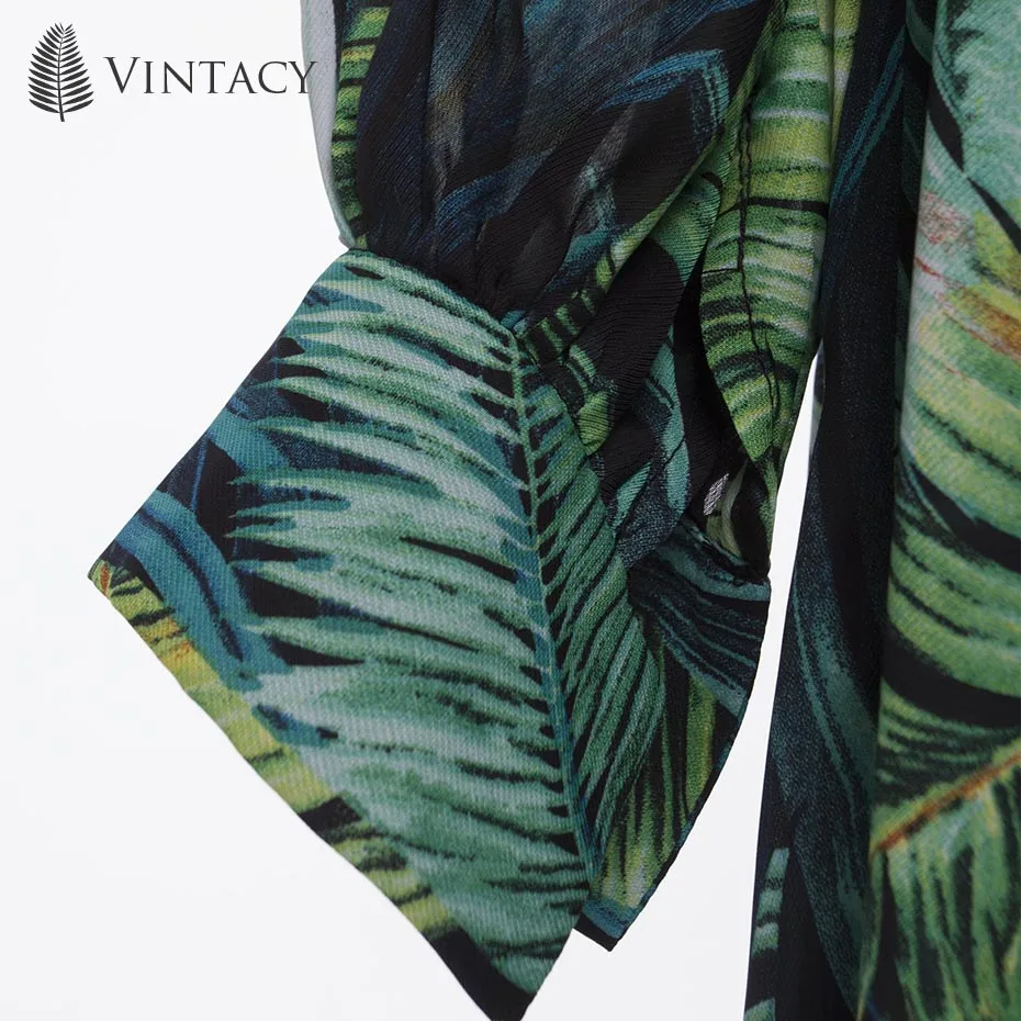 Vintacy/платье с длинным рукавом, зеленое Тропическое пляжное винтажное платье макси в стиле бохо, Повседневное платье с v-образным вырезом и поясом, туника со шнуровкой, Драпированное платье размера плюс