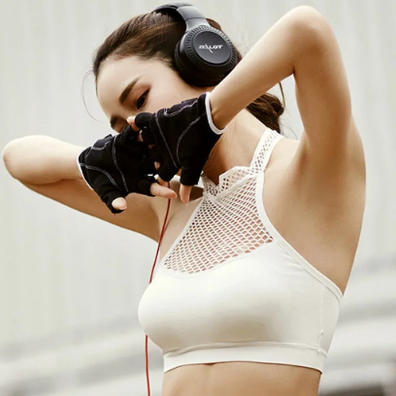 

No Steel Ring Fish Net Hanging Neck Breathable Bra Sports Fitness One-piece Gathering Summer Sexy with Chest Pad Underwear
