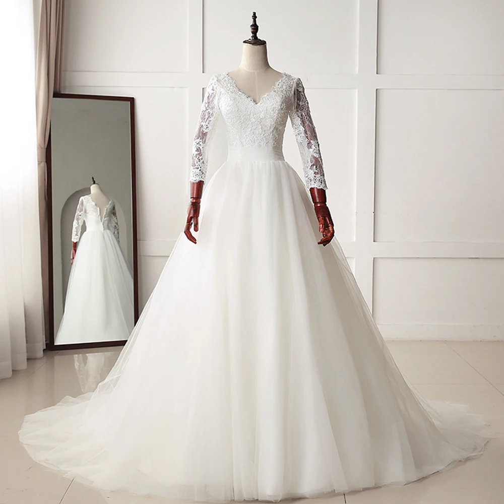 

Three Quarter Sleeve Elegant Wedding Dress V-neck Simple Bruidsjurken Ivory Tulle Bridal Desses Button Back Suknia Slubna