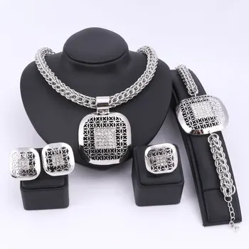 

Fashion African Beads Jewelry Set Exquisite Dubai Silver Plated Square Crystal Jewelry Set Nigerian Wedding Bridal Bijoux