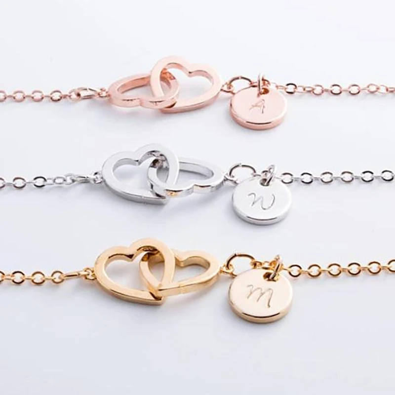 

Senfai New arrival Bracelets Romantic Double Heart with Letter Coins Disc bracelet Bangle for Women men Fashion Jewelry
