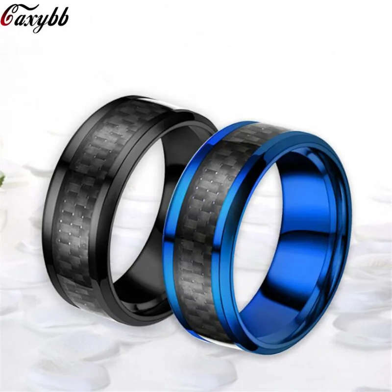 Black Carbon Fiber Punk Ring For Men 8mm Stainless Steel