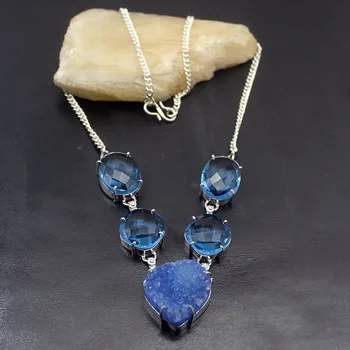 

Hermosa Natural BlueDruzy ShinyTopaz Silver Color Chain Necklace 17.5 inch A351 Free Shipping