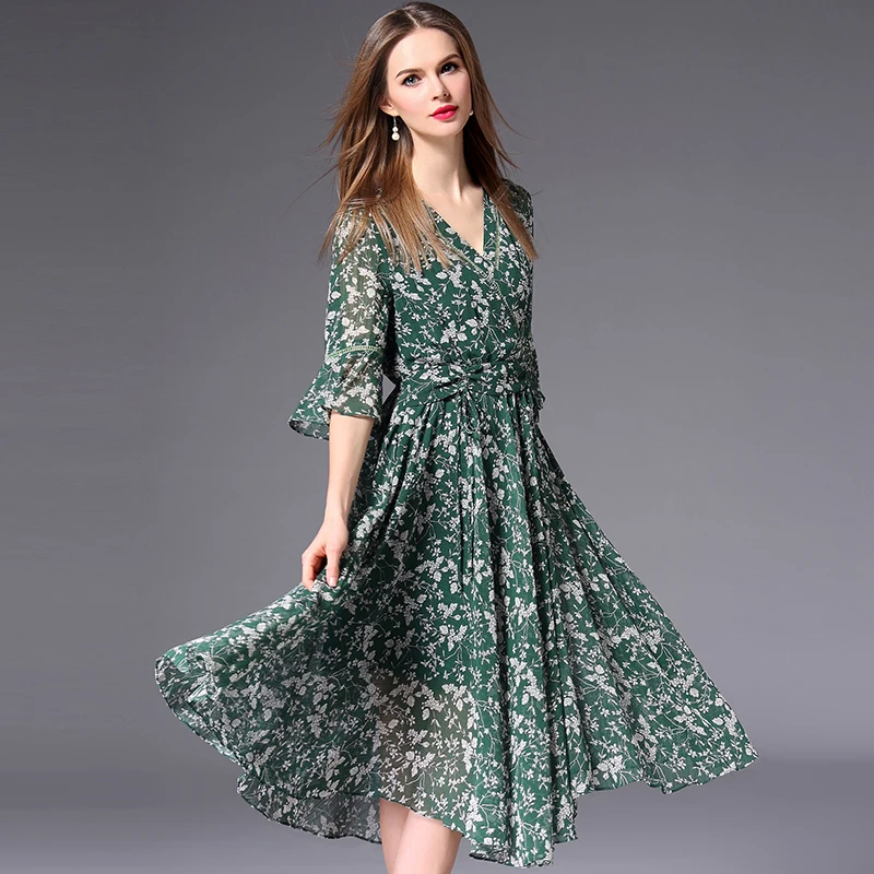 Shetelisi Floral Print Chiffon font b Dress b font with Lace Line Short Sleeve Casual Holiday