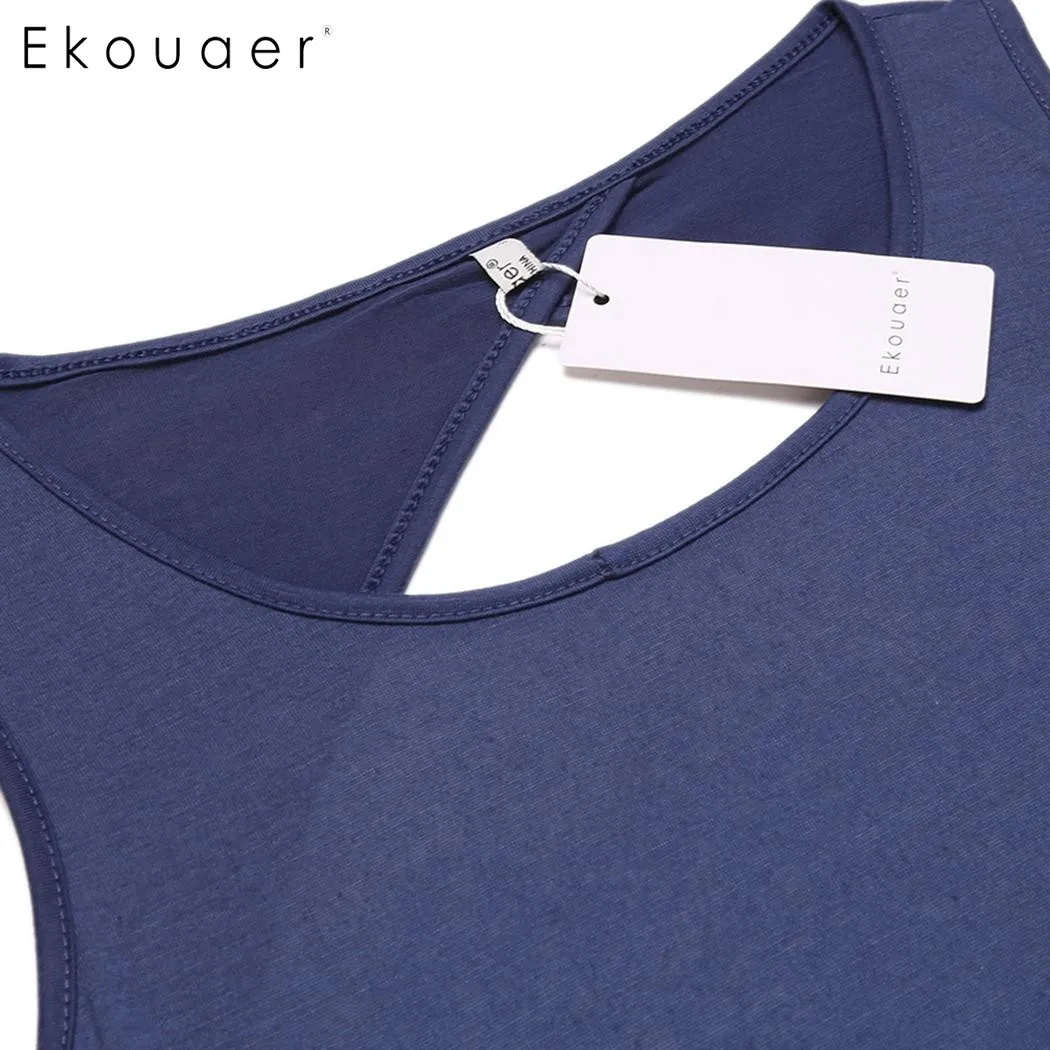 Ekouaer Сексуальная Открытая ночная рубашка с круглым вырезом однотонная повседневная одежда для сна летняя без рукавов тонкая одежда для сна Женская