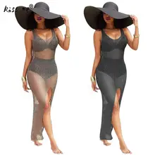 Sexy Long Beach Dress Bikini Cover Up Solid Hollow Beach Wear Dress See Through Tunic Swimsuit Women Sleeveless Summer Suit