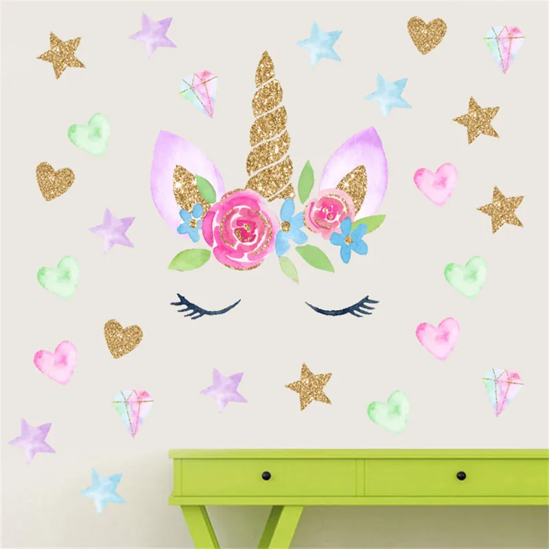 3D Colorful Flower Animal Unicorn Wall Stickers for Girls Baby Animation Kids Room Livingroom Decor DIY Home Decoration Sticker
