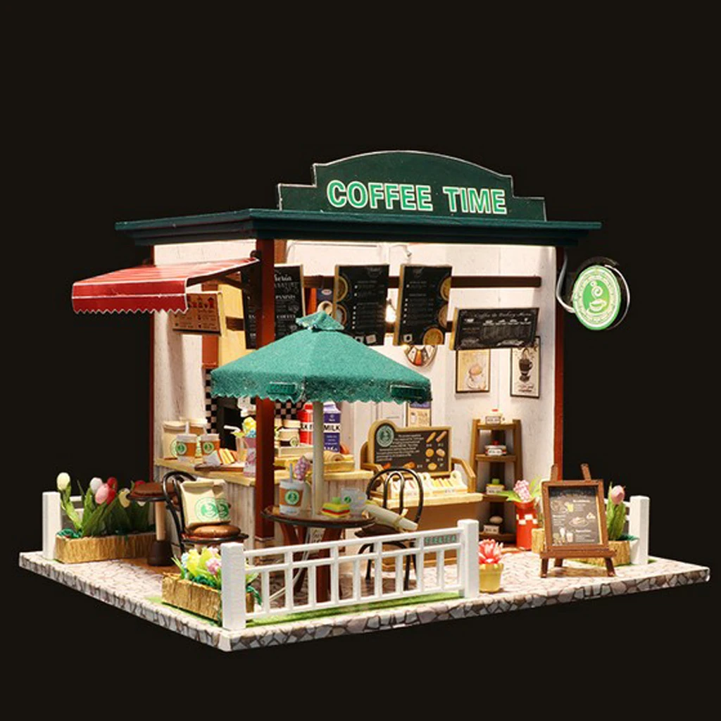 

Cute DIY Wooden Dollhouse Miniature Coffee House Shop Model LED Light Furniture Kits Birthday Wedding Gifts